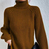 Women's Casual Turtleneck Rib Knit Sweater with Raglan Sleeves - Cozy & Stylish Knitwear
