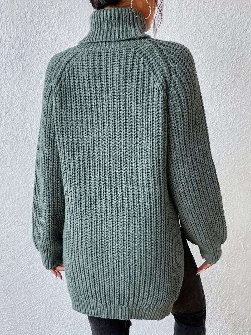 Women's Casual Turtleneck Rib Knit Sweater with Raglan Sleeves - Cozy & Stylish Knitwear