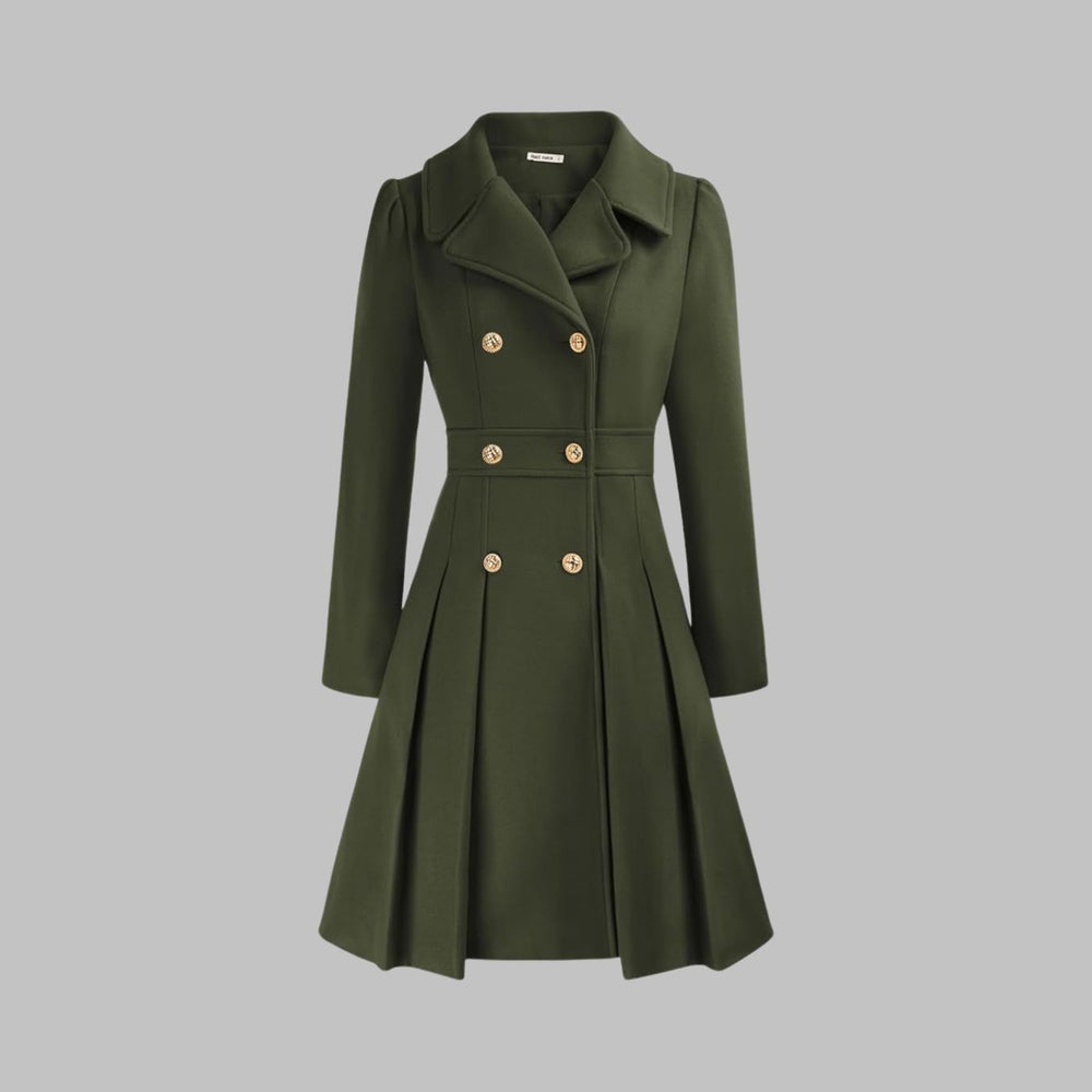 Emma | Women's Coat Double-Breasted Pleated A-Line Long Sleeve Overcoat
