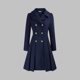 Emma | Women's Coat Double-Breasted Pleated A-Line Long Sleeve Overcoat