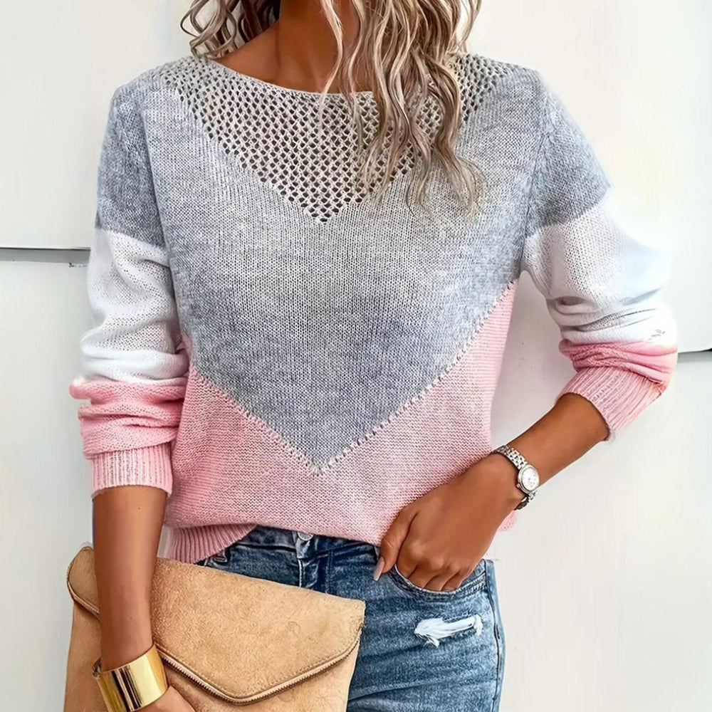 Sophia | Women's Color Block Sweater Relaxed-Fit Mesh-Detail Knit Pullover - 4