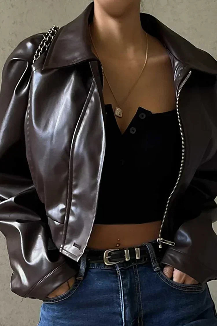 Stylish Women's Cropped Coated Jacket - Zip Front & Puff Sleeves - Trendy Outerwear
