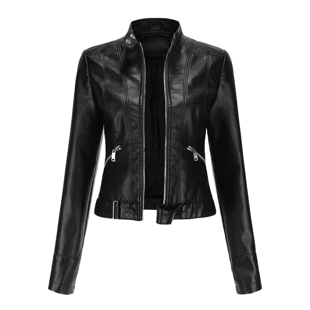 Victoria | Women's Cropped Faux Leather Jacket Stand-Collar Moto Biker