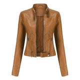 Victoria | Women's Cropped Faux Leather Jacket Stand-Collar Moto Biker