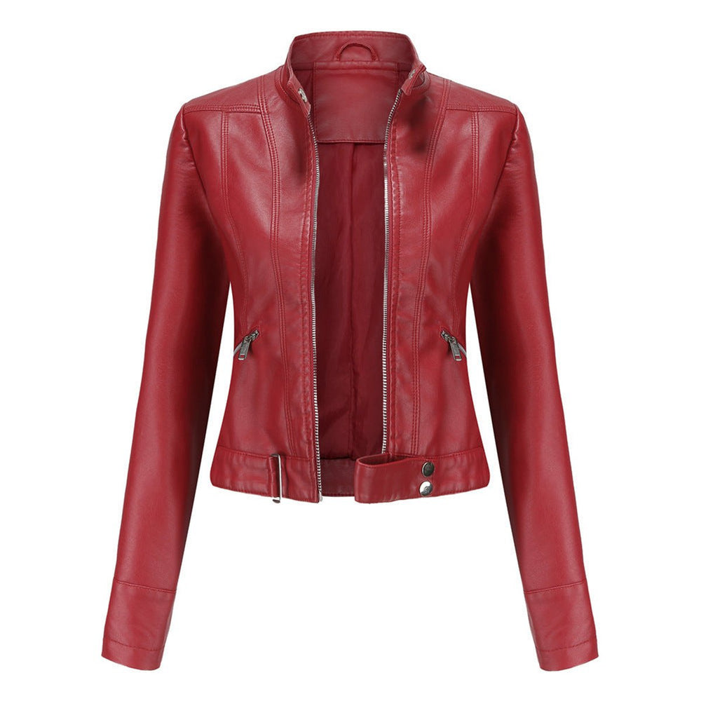Victoria | Women's Cropped Faux Leather Jacket Stand-Collar Moto Biker