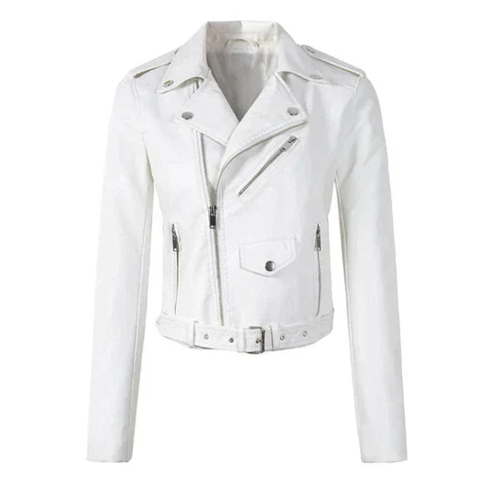 Aria | Women's Cropped Moto Faux Leather Jacket Belted Biker