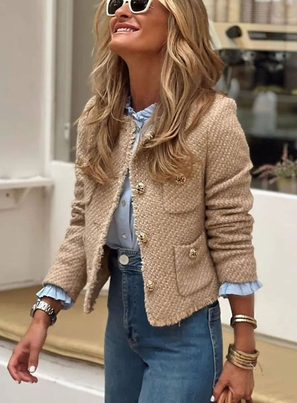 Olivia | Women's Cropped Tweed Button-Front Blazer Jacket