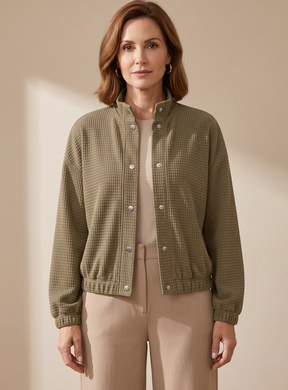 Sophia | Women's Cropped Waffle-Knit Button-Up Stand-Collar Jacket