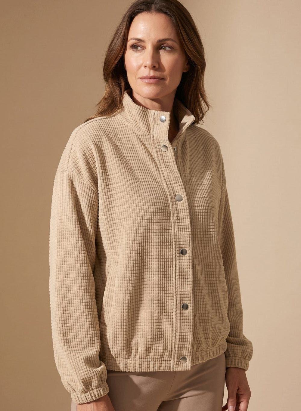 Sophia | Women's Cropped Waffle-Knit Button-Up Stand-Collar Jacket