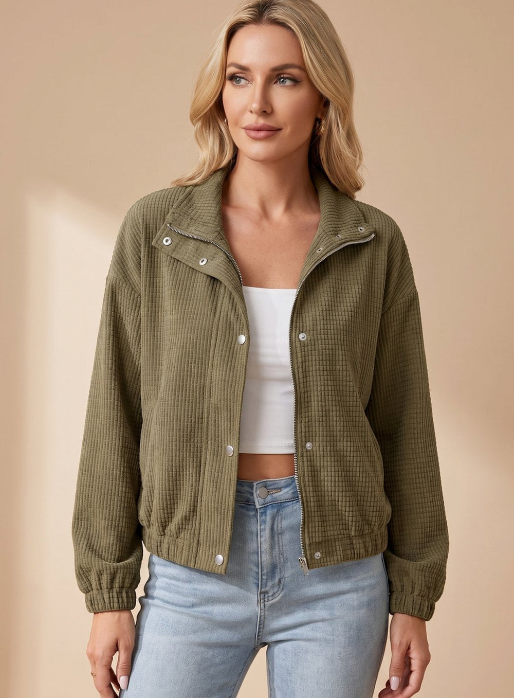 Sophia | Women's Cropped Waffle-Knit Button-Up Stand-Collar Jacket