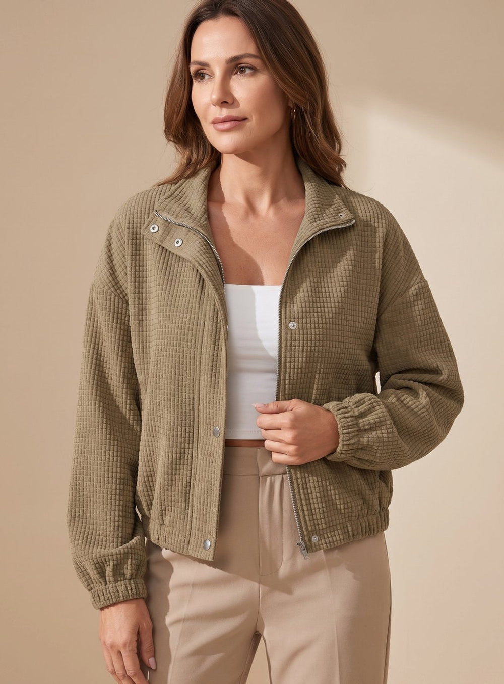 Sophia | Women's Cropped Waffle-Knit Button-Up Stand-Collar Jacket
