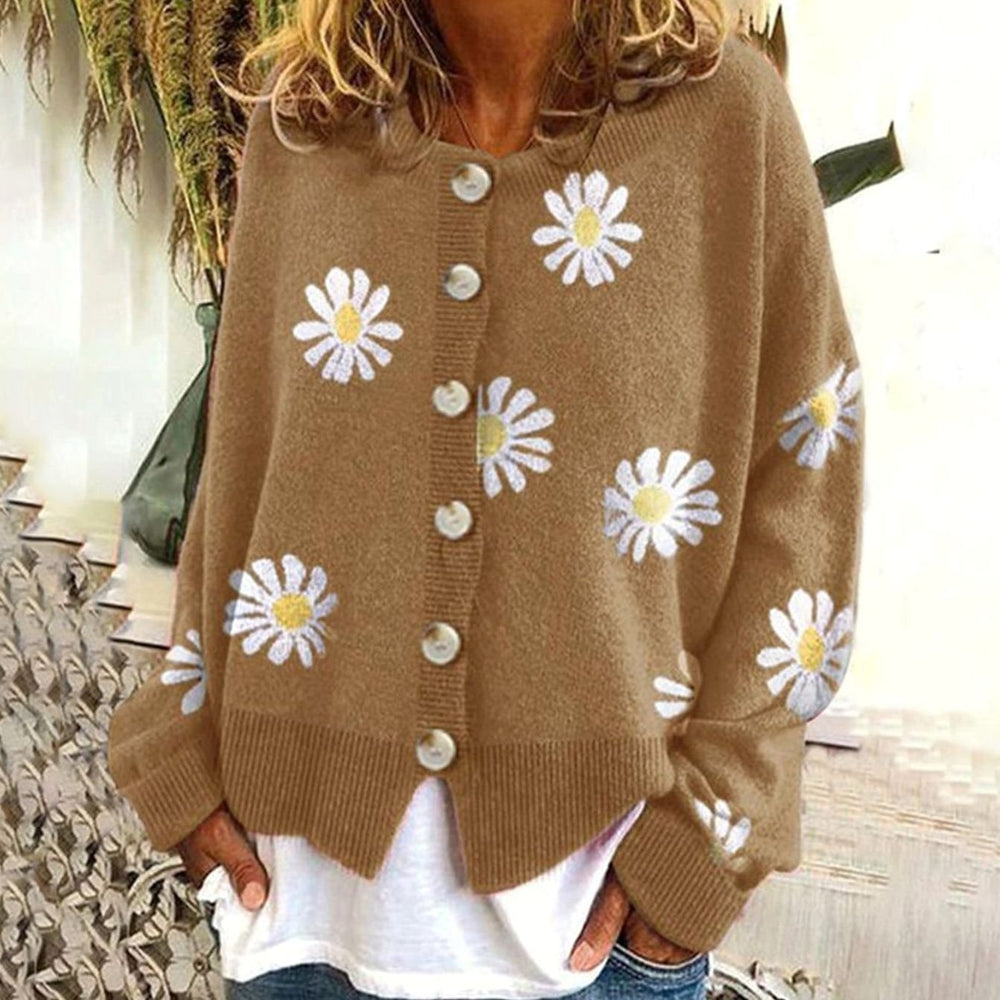 Luna | Women's Daisy Floral Button-Front Relaxed-Fit Winter Cardigan Sweater