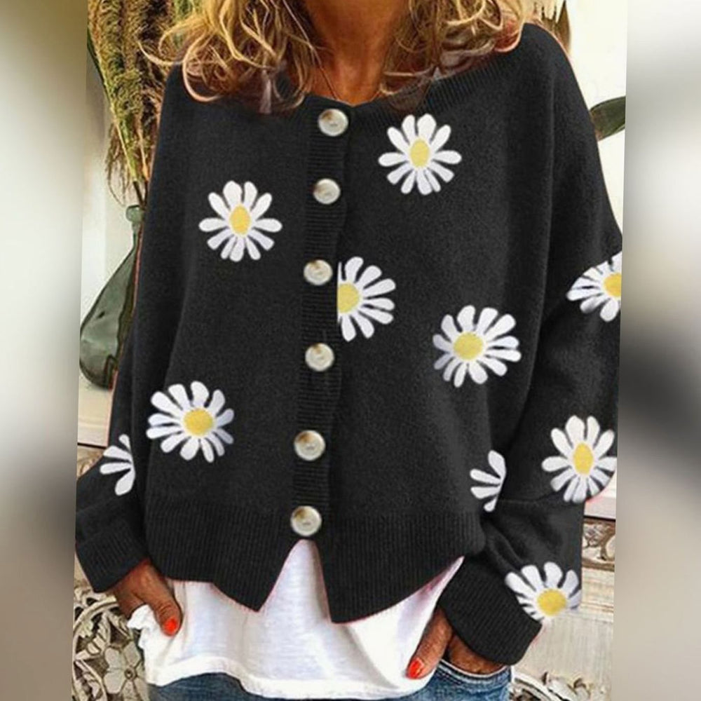 Luna | Women's Daisy Floral Button-Front Relaxed-Fit Winter Cardigan Sweater - 3
