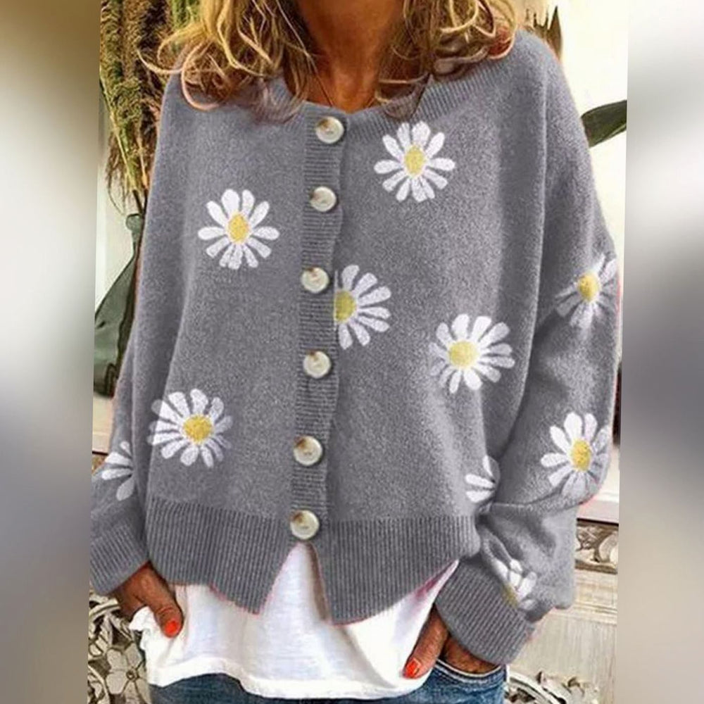 Luna | Women's Daisy Floral Button-Front Relaxed-Fit Winter Cardigan Sweater - 4