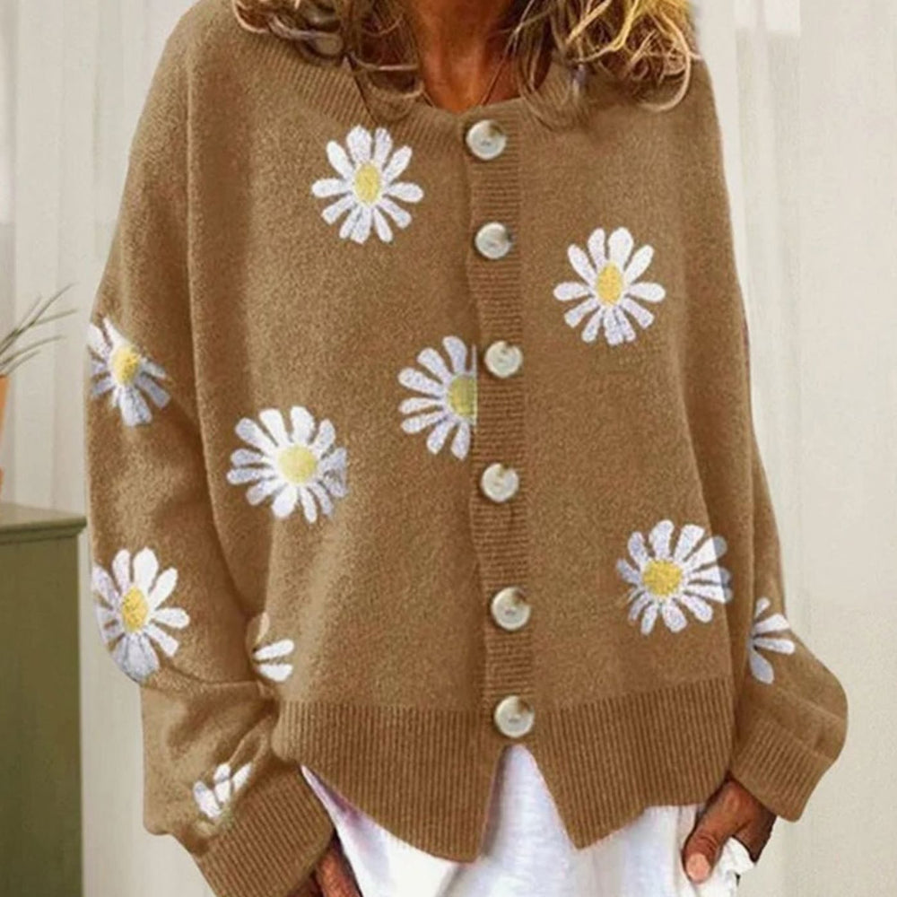 Luna | Women's Daisy Floral Button-Front Relaxed-Fit Winter Cardigan Sweater - 5