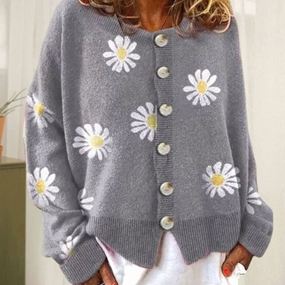 Luna | Women's Daisy Floral Button-Front Relaxed-Fit Winter Cardigan Sweater - 6