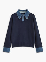 Mia | Women's Denim-Collar Knit Polo Sweater