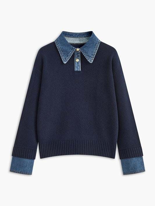 Women's Knit Polo Sweater – Denim Collar