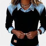 Isabella | Women's Denim-Collar Raglan Knit Sweater Long Sleeve Pullover