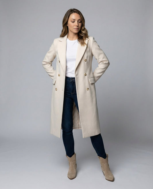 Women's Midi Overcoat – Double-Breasted & Long Sleeve