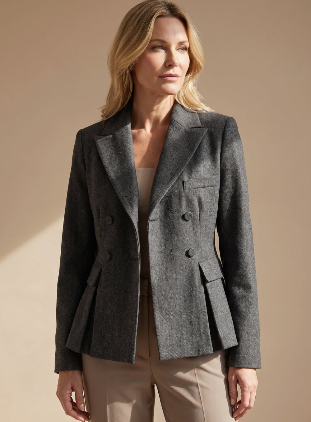 Victoria | Women's Double-Breasted Peplum Blazer Notch Lapel Long Sleeve