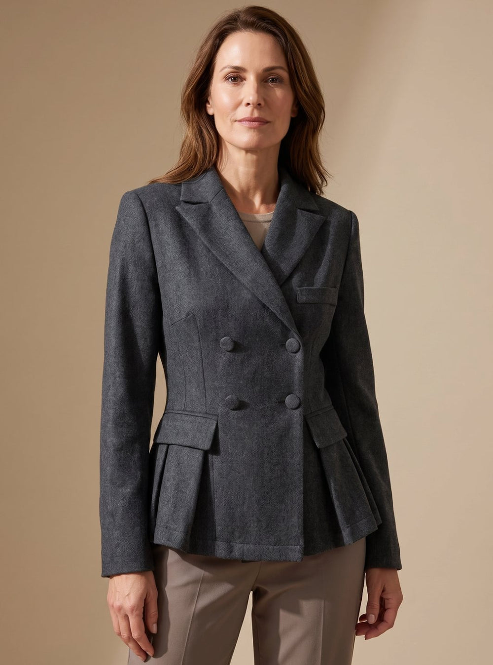 Victoria | Women's Double-Breasted Peplum Blazer Notch Lapel Long Sleeve