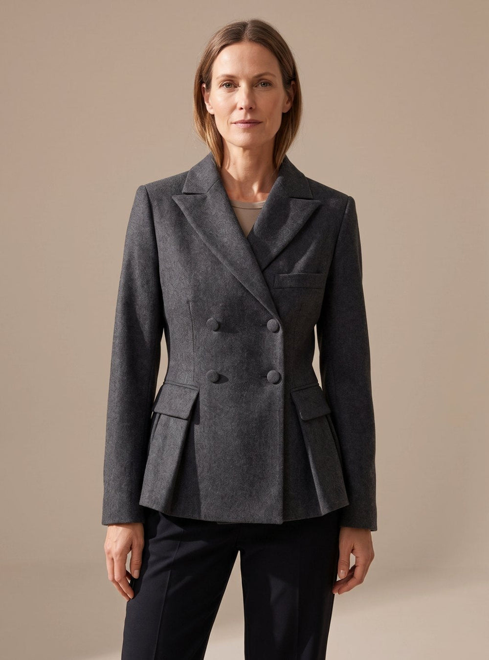 Victoria | Women's Double-Breasted Peplum Blazer Notch Lapel Long Sleeve