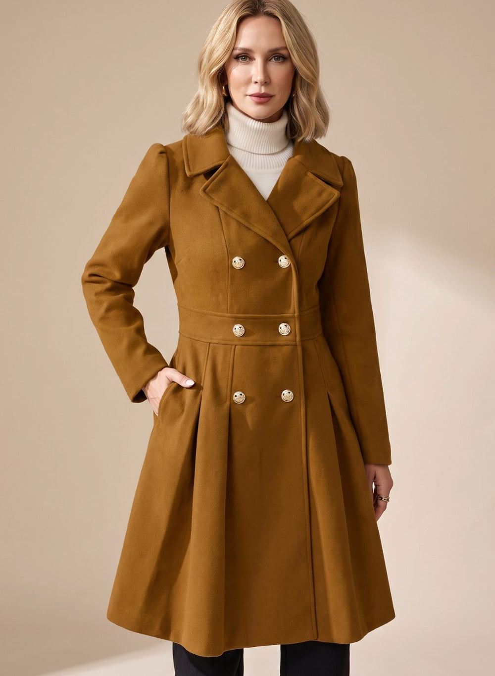 Layla | Women's Double-Breasted Pleated A-Line Wool-Blend Longline Coat
