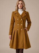 Layla | Women's Double-Breasted Pleated A-Line Wool-Blend Longline Coat