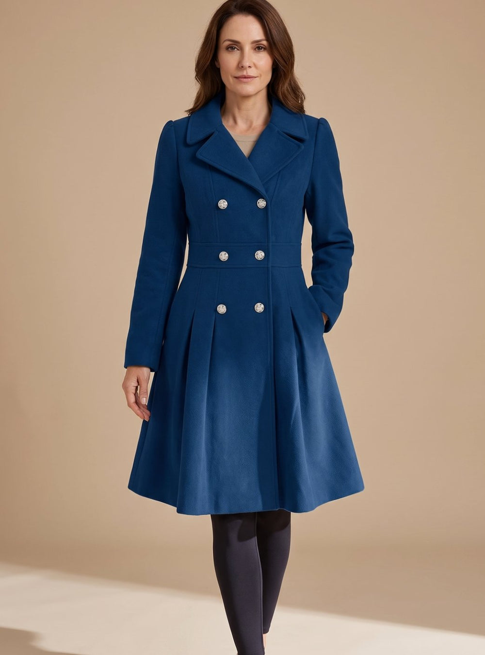 Layla | Women's Double-Breasted Pleated A-Line Wool-Blend Longline Coat