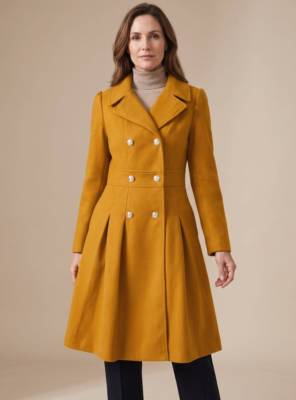 Layla | Women's Double-Breasted Pleated A-Line Wool-Blend Longline Coat
