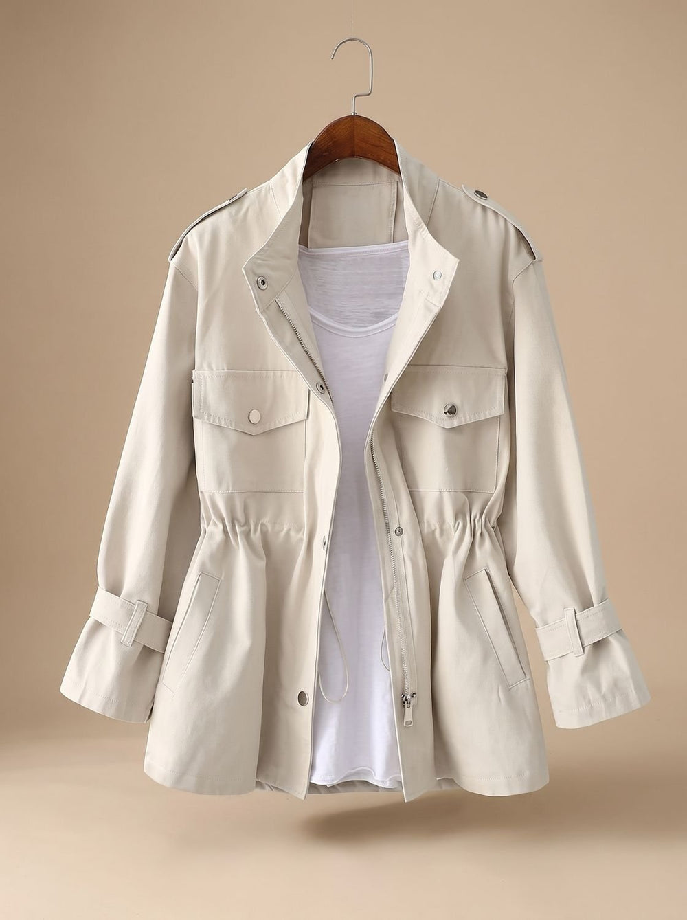 Evelyn | Women's Elegant Zip-Up Utility Jacket Drawstring Waist