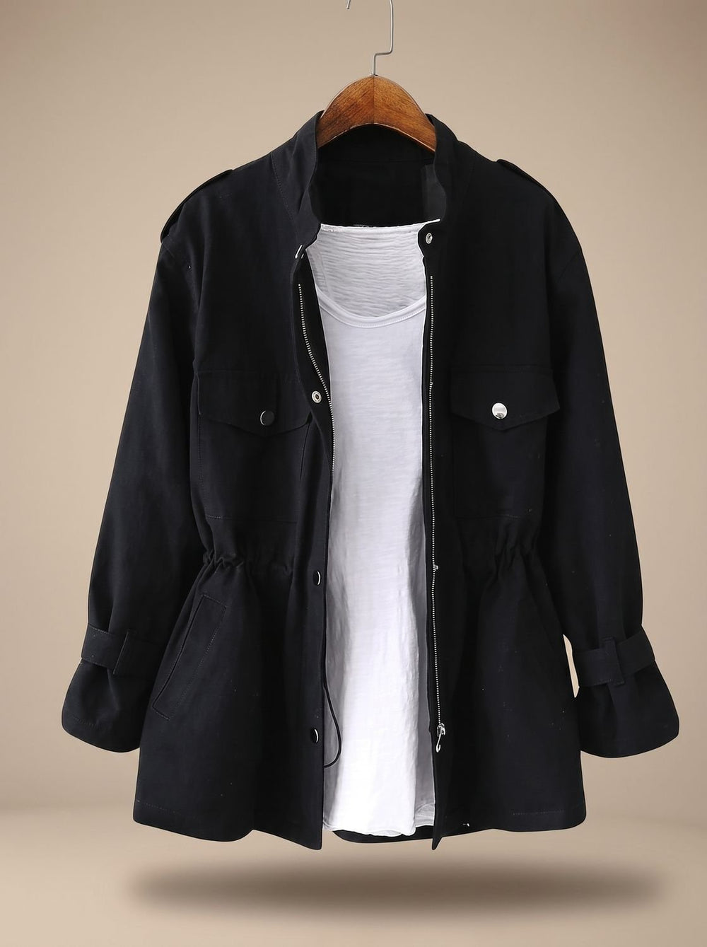 Evelyn | Women's Elegant Zip-Up Utility Jacket Drawstring Waist