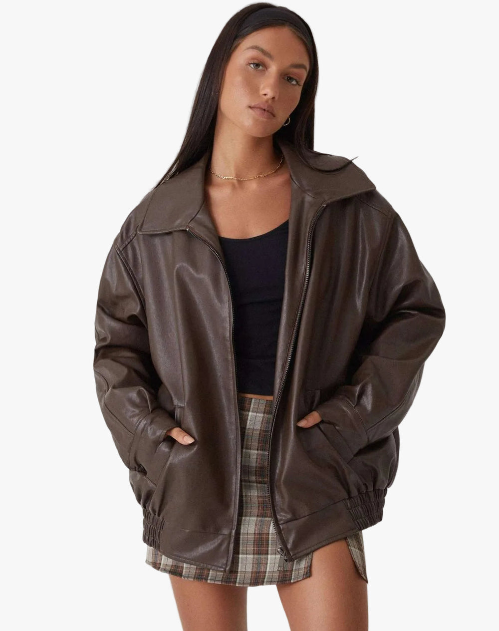 Stylish Women's Faux Leather Jacket with Zip Front & Spread Collar - Trendy Outerwear for All Seasons