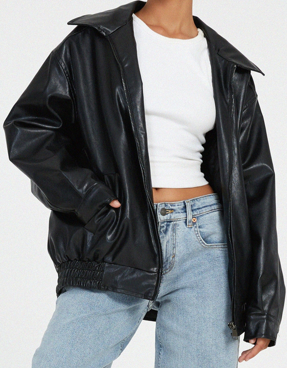 Stylish Women's Faux Leather Jacket with Zip Front & Spread Collar - Trendy Outerwear for All Seasons