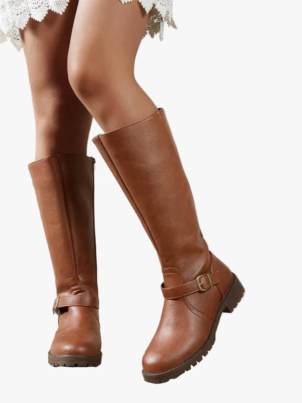 Women's buckle strap knee-high boots, view 1