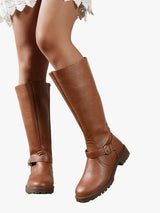 Women's buckle strap knee-high boots, view 1