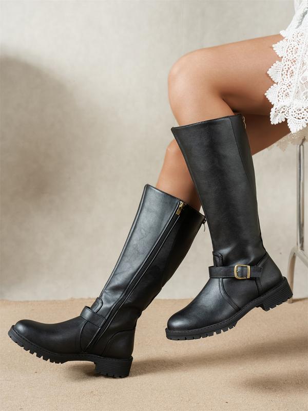 Women's buckle strap knee-high boots, view 3