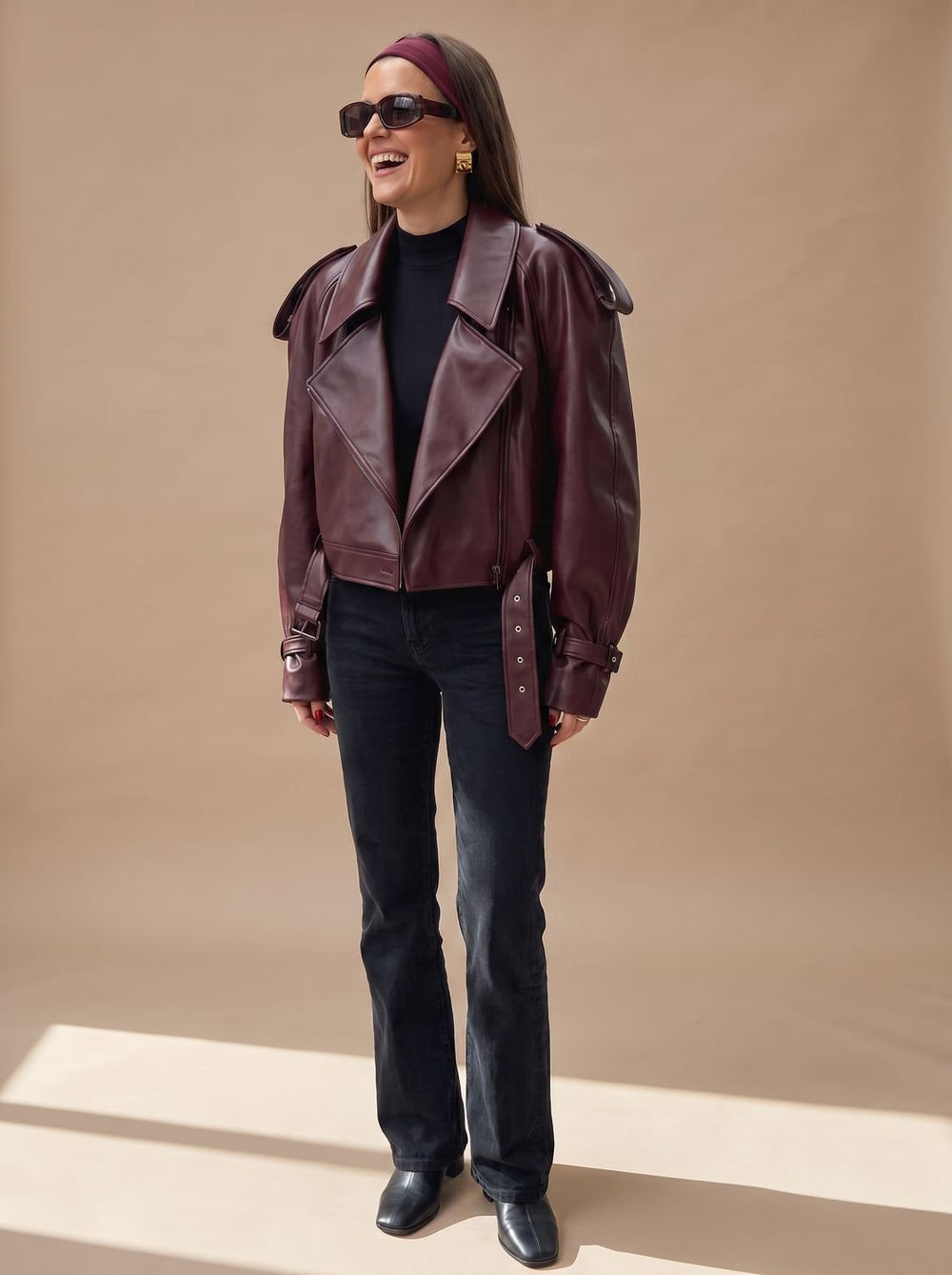 Luna | Women's Faux Leather Belted Oversized Moto Coat