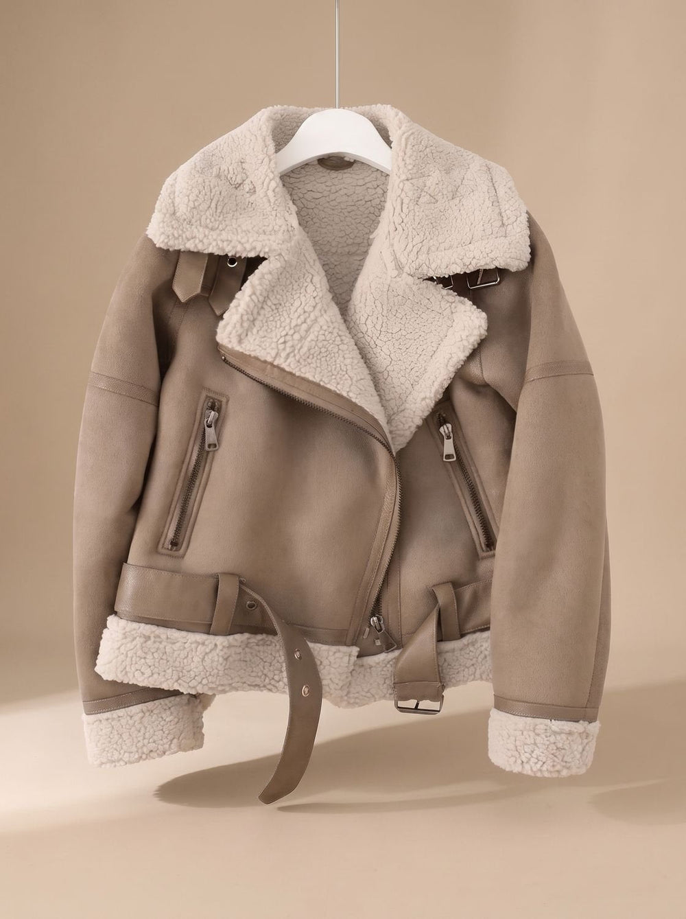 Harper | Women's Faux Shearling Aviator Jacket Belted Asymmetric Zip