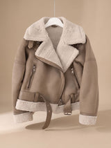 Harper | Women's Faux Shearling Aviator Jacket Belted Asymmetric Zip