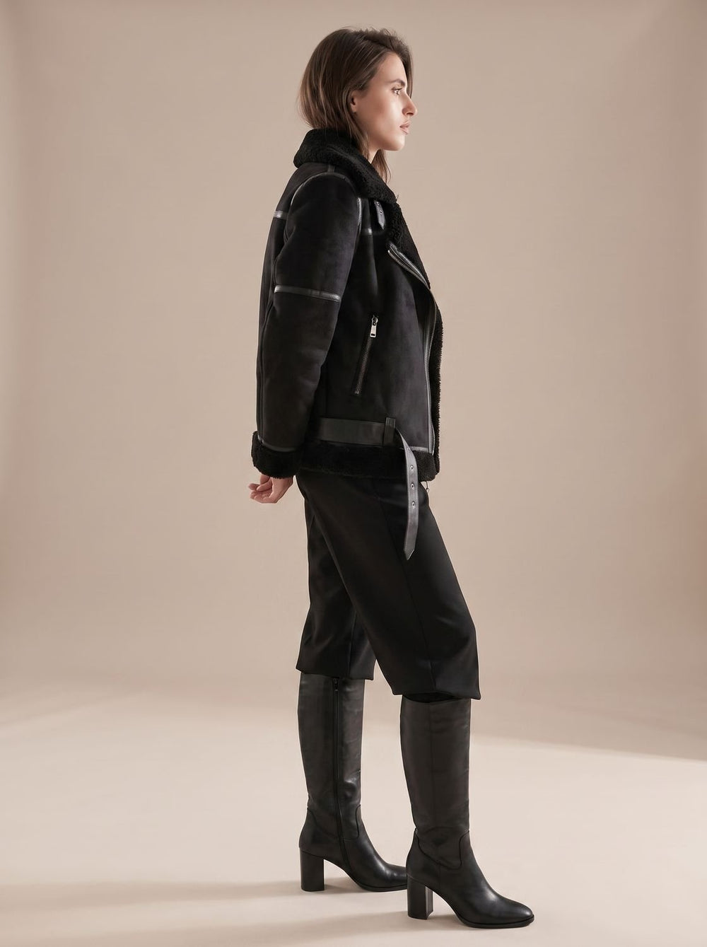 Harper | Women's Faux Shearling Aviator Jacket Belted Asymmetric Zip