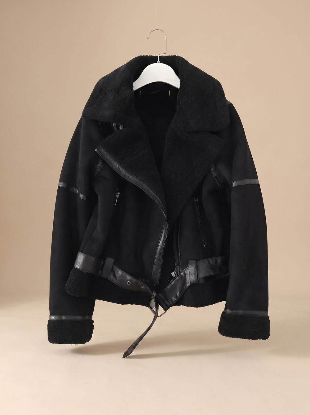 Harper | Women's Faux Shearling Aviator Jacket Belted Asymmetric Zip