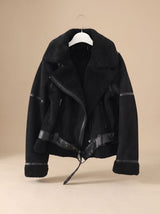 Harper | Women's Faux Shearling Aviator Jacket Belted Asymmetric Zip