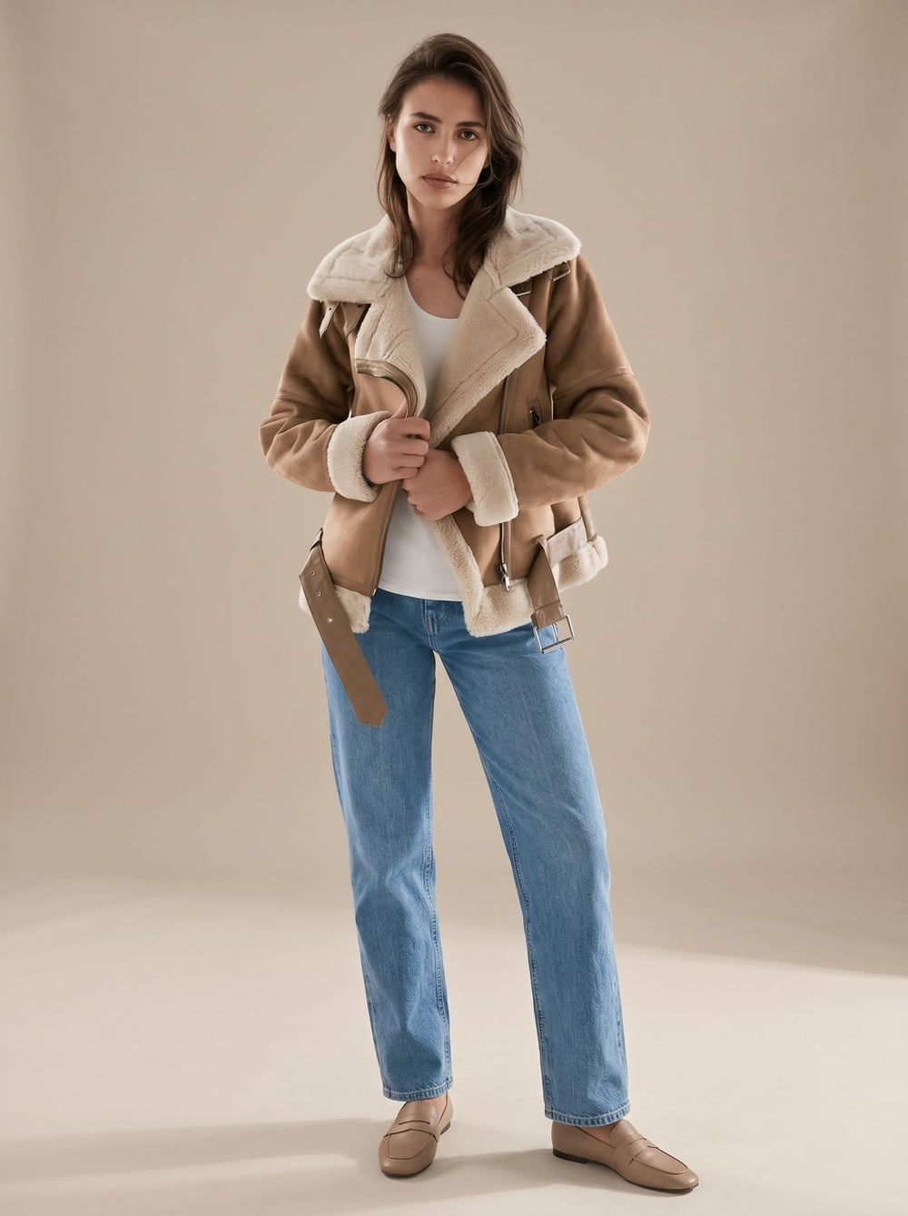 Harper | Women's Faux Shearling Aviator Jacket Belted Asymmetric Zip