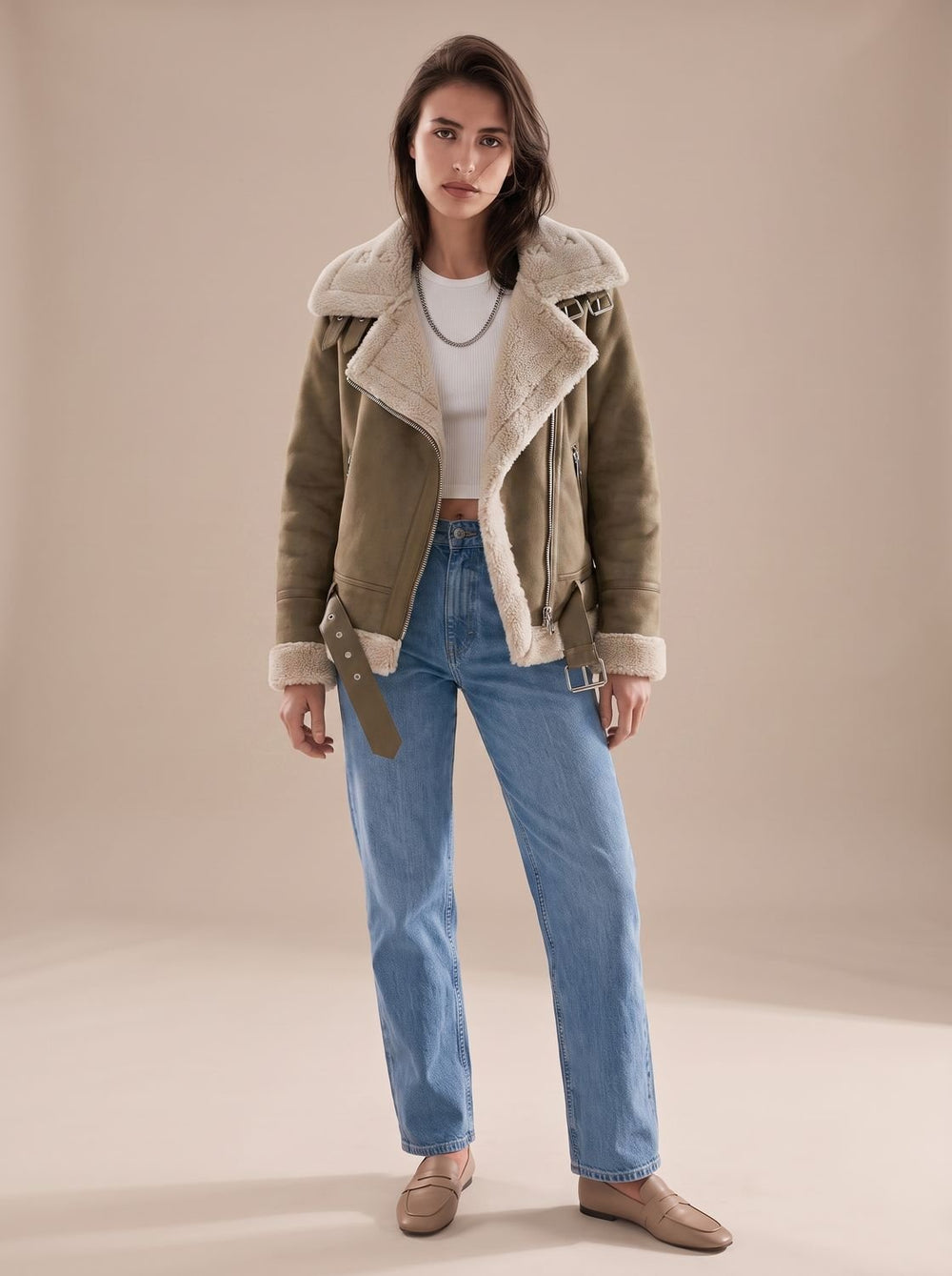 Harper | Women's Faux Shearling Aviator Jacket Belted Asymmetric Zip