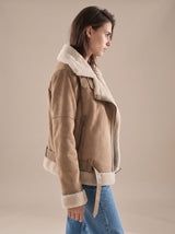 Harper | Women's Faux Shearling Aviator Jacket Belted Asymmetric Zip