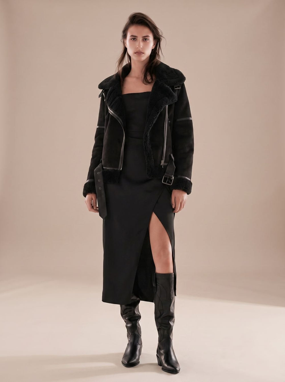 Harper | Women's Faux Shearling Aviator Jacket Belted Asymmetric Zip