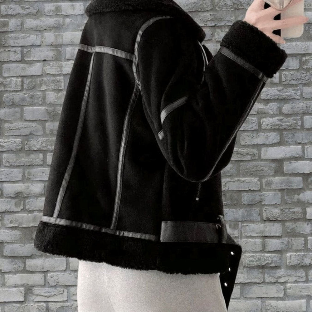 Harper | Women's Faux Shearling Aviator Jacket Belted Asymmetric Zip