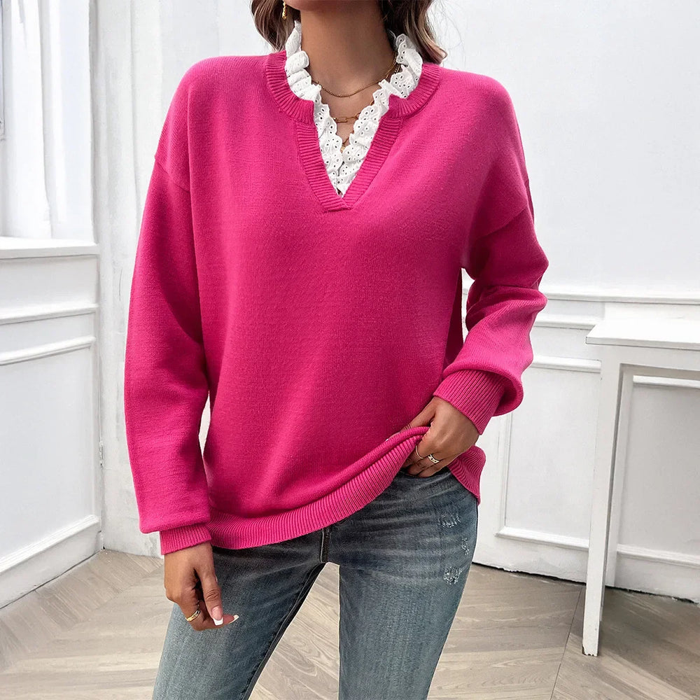 Women's V-Neck Fine-Knit Sweater with Elegant Lace Ruffle Detail - Stylish & Comfortable Knitwear